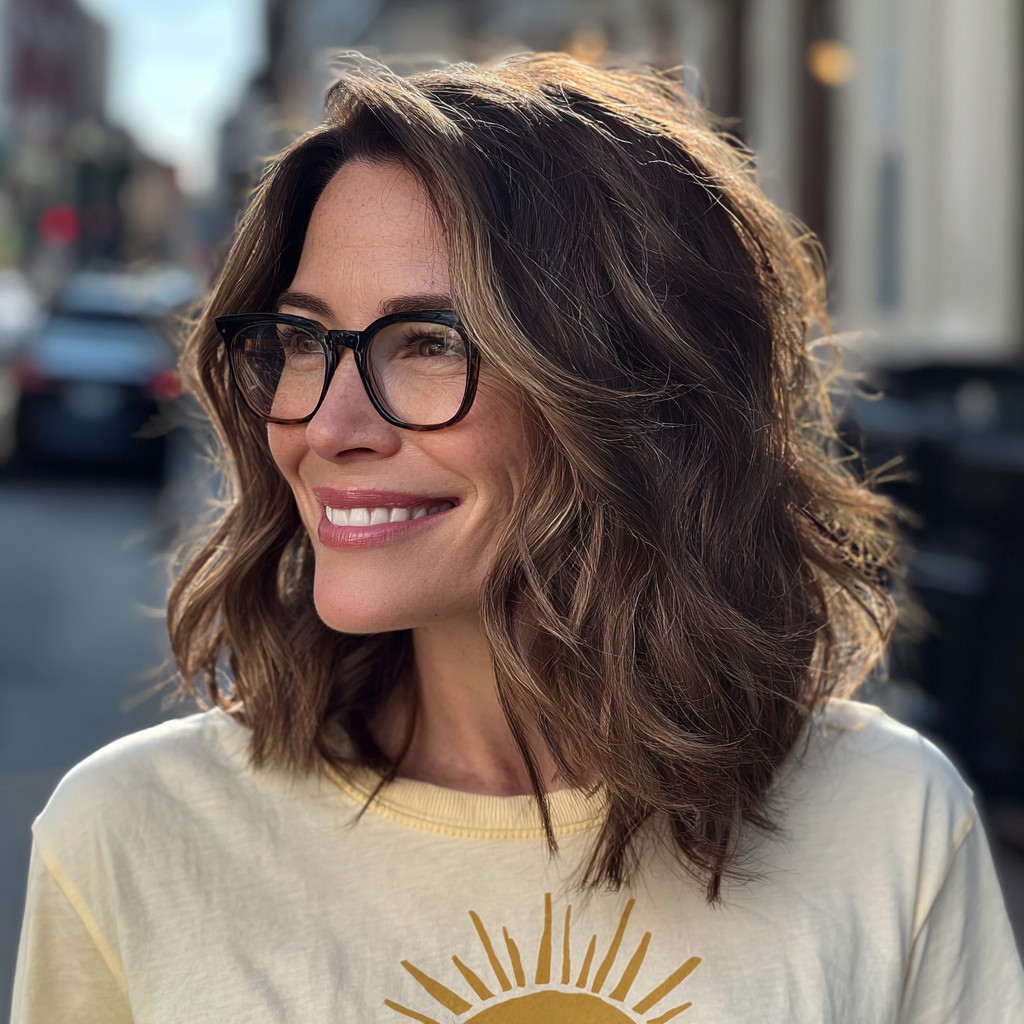 Textured Mid-Length Waves with Caramel Balayage