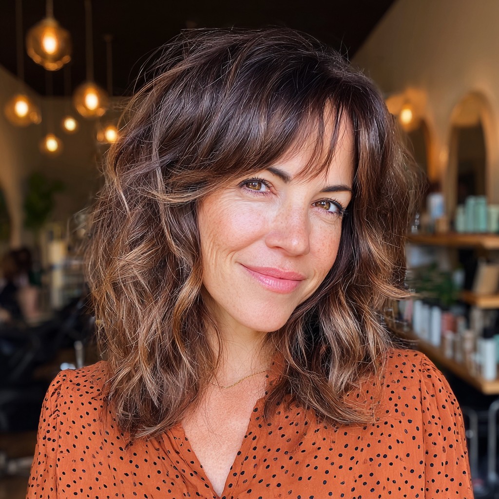 Textured Mid-Length Waves with Rich Caramel Balayage