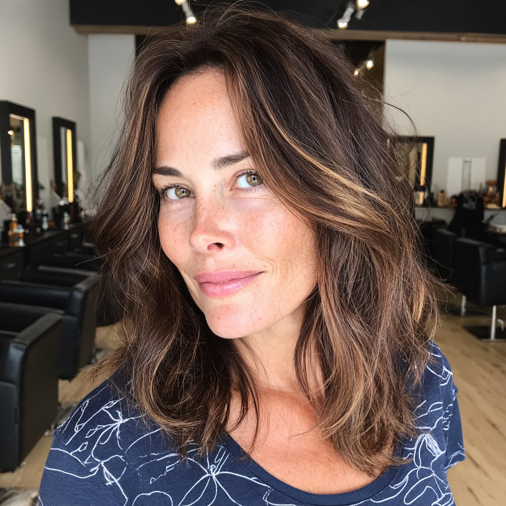 Textured Mid-Length Waves with Subtle Balayage Highlights