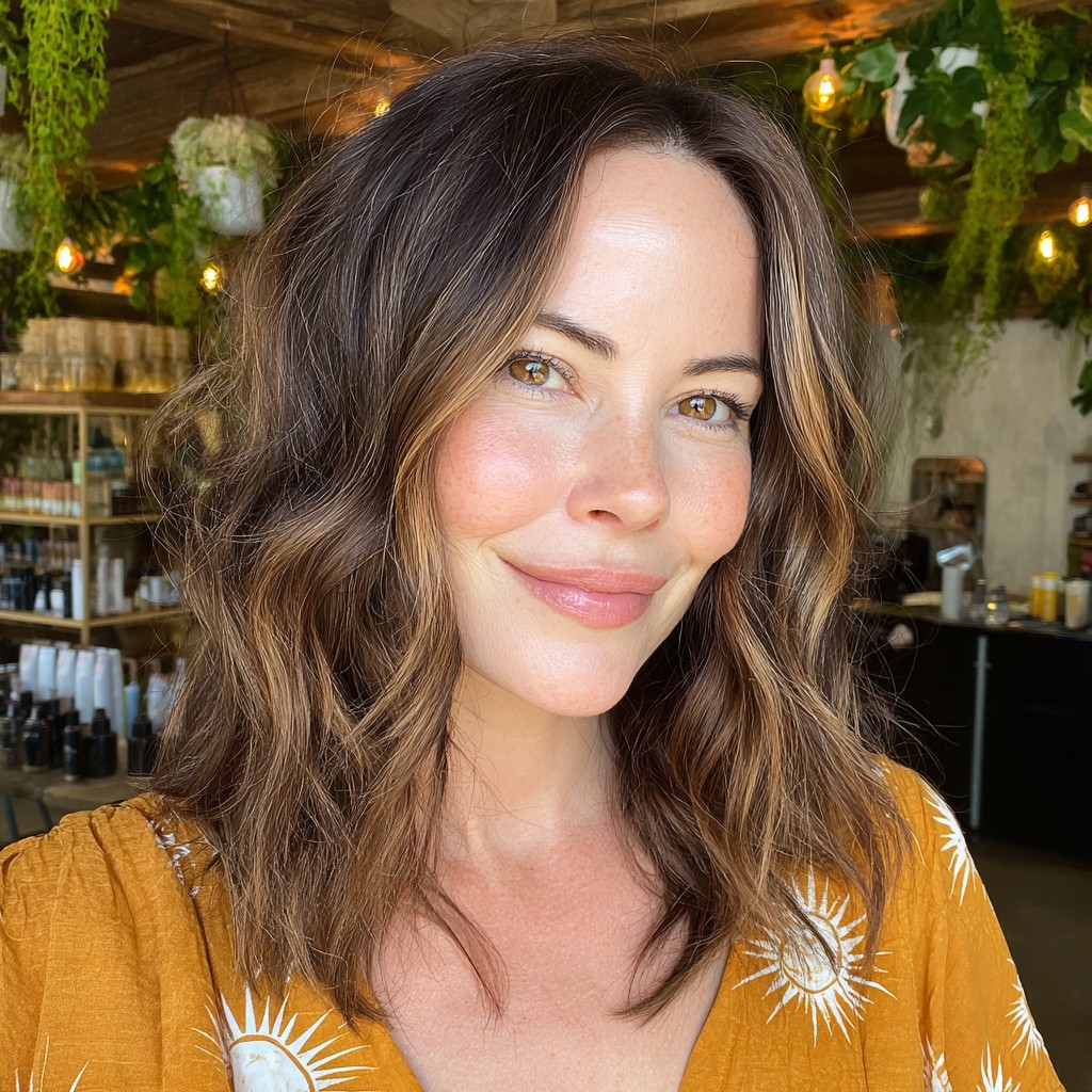 Textured Mid-Length Waves with Warm Balayage Highlights