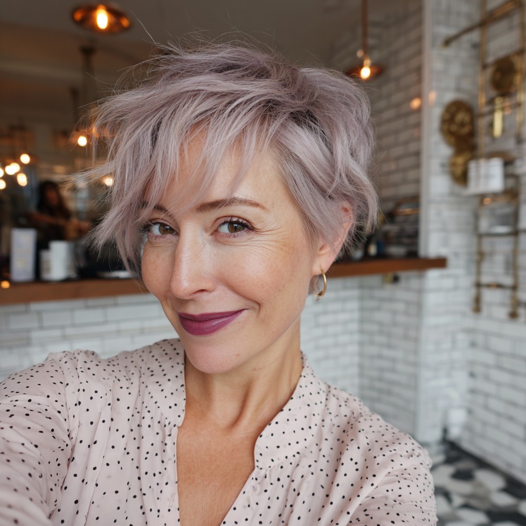 Textured Pixie Cut with Soft Lilac Blonde Highlights