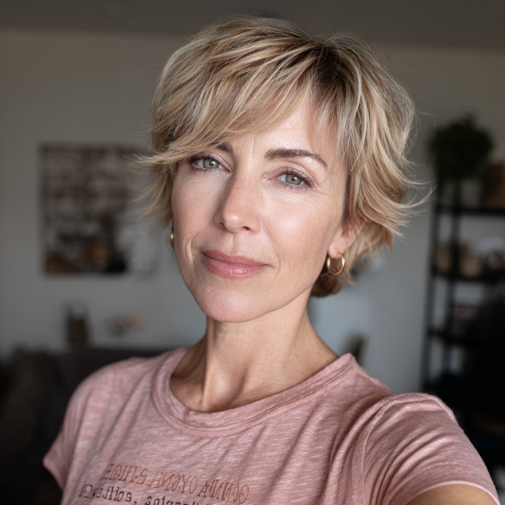 Textured Short Crop with Soft Side Swept Bangs