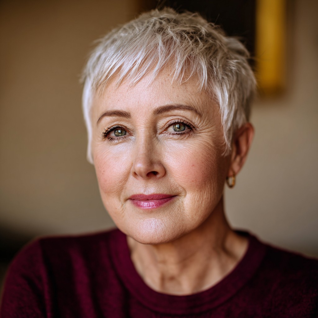 Textured Short Silver Pixie with Feathered Layers