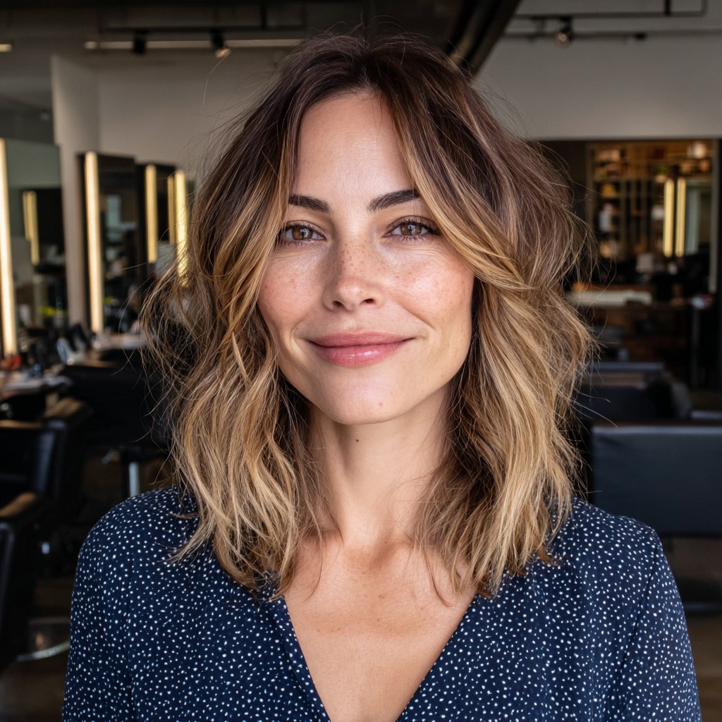 Textured Shoulder-Length Balayage with Luminous Highlights