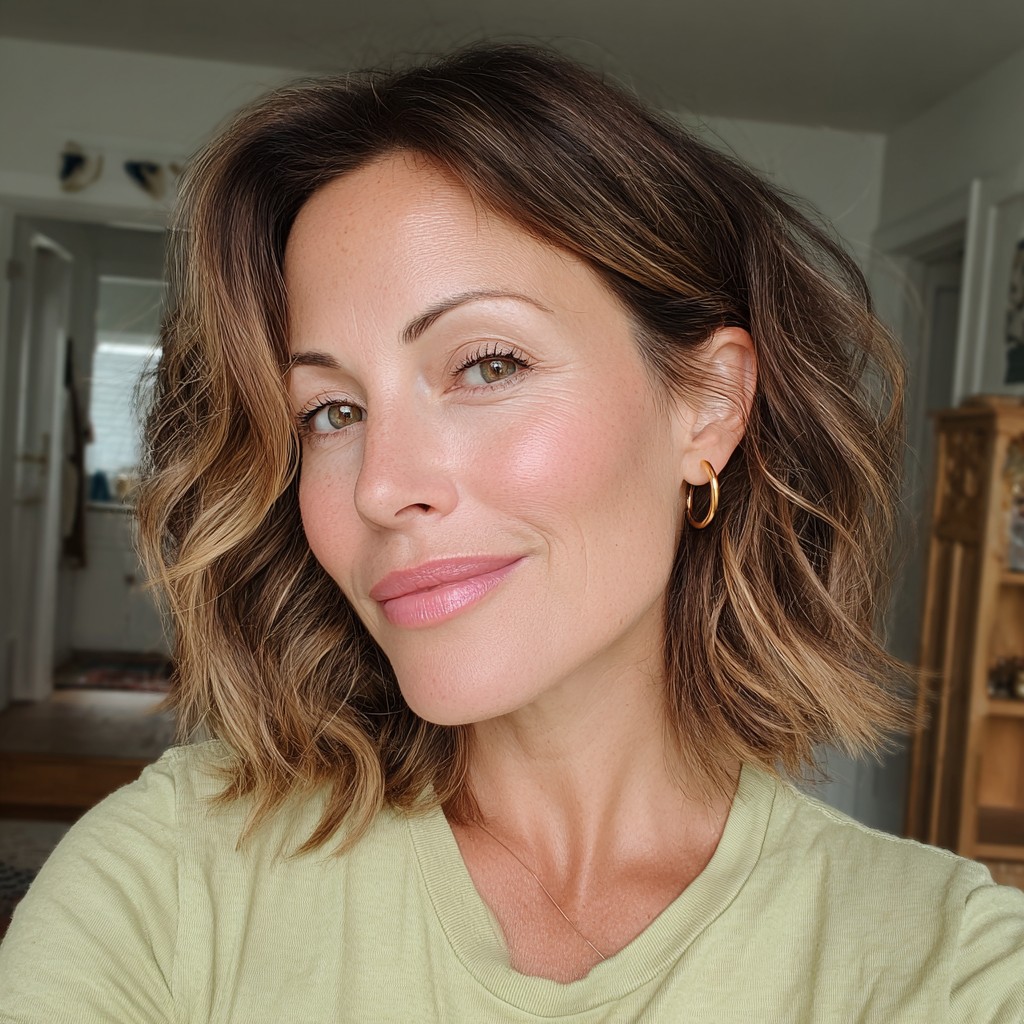 Textured Shoulder-Length Balayage with Warm Undertones