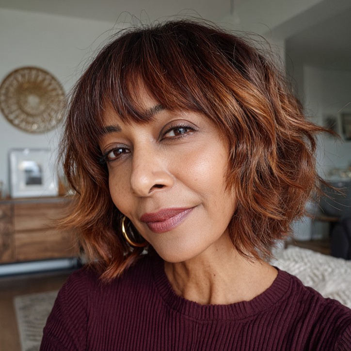 Textured Shoulder-Length Waves with Warm Balayage Highlights