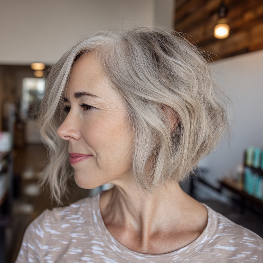 Textured Silver Inverted Bob with Soft Waves
