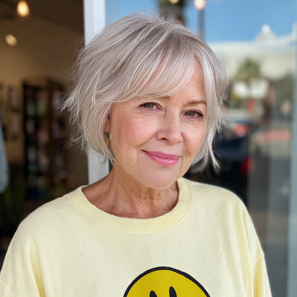 Textured Silver Shaggy Bob with Wispy Bangs