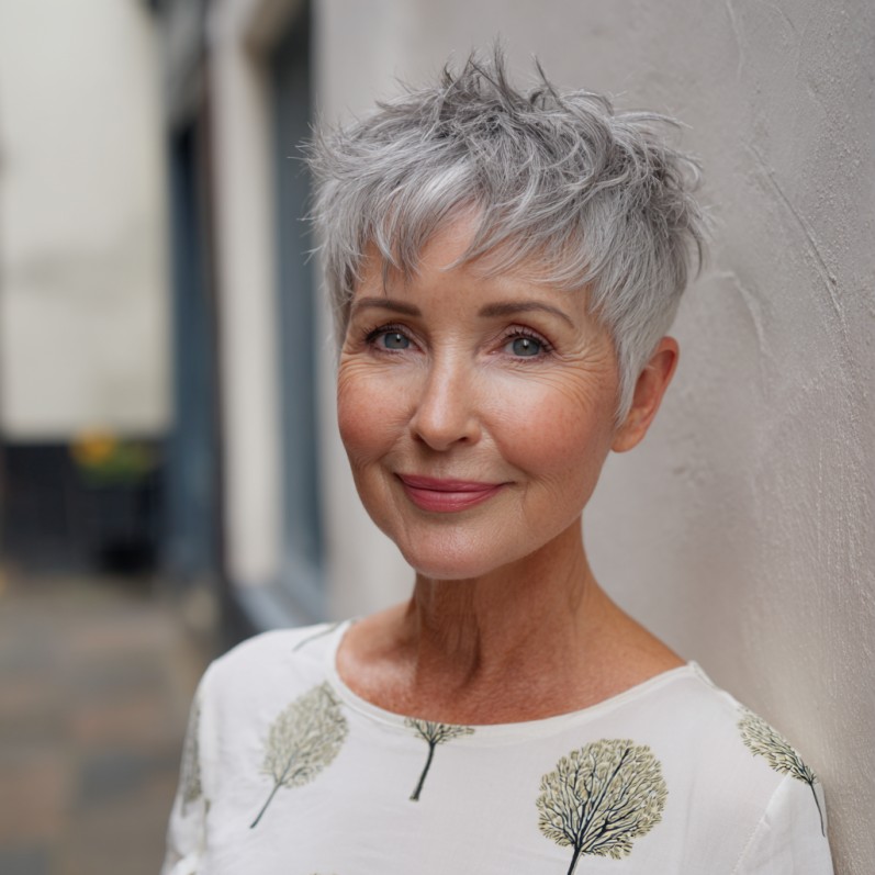 Textured Silver Spiky Pixie with Soft Layers