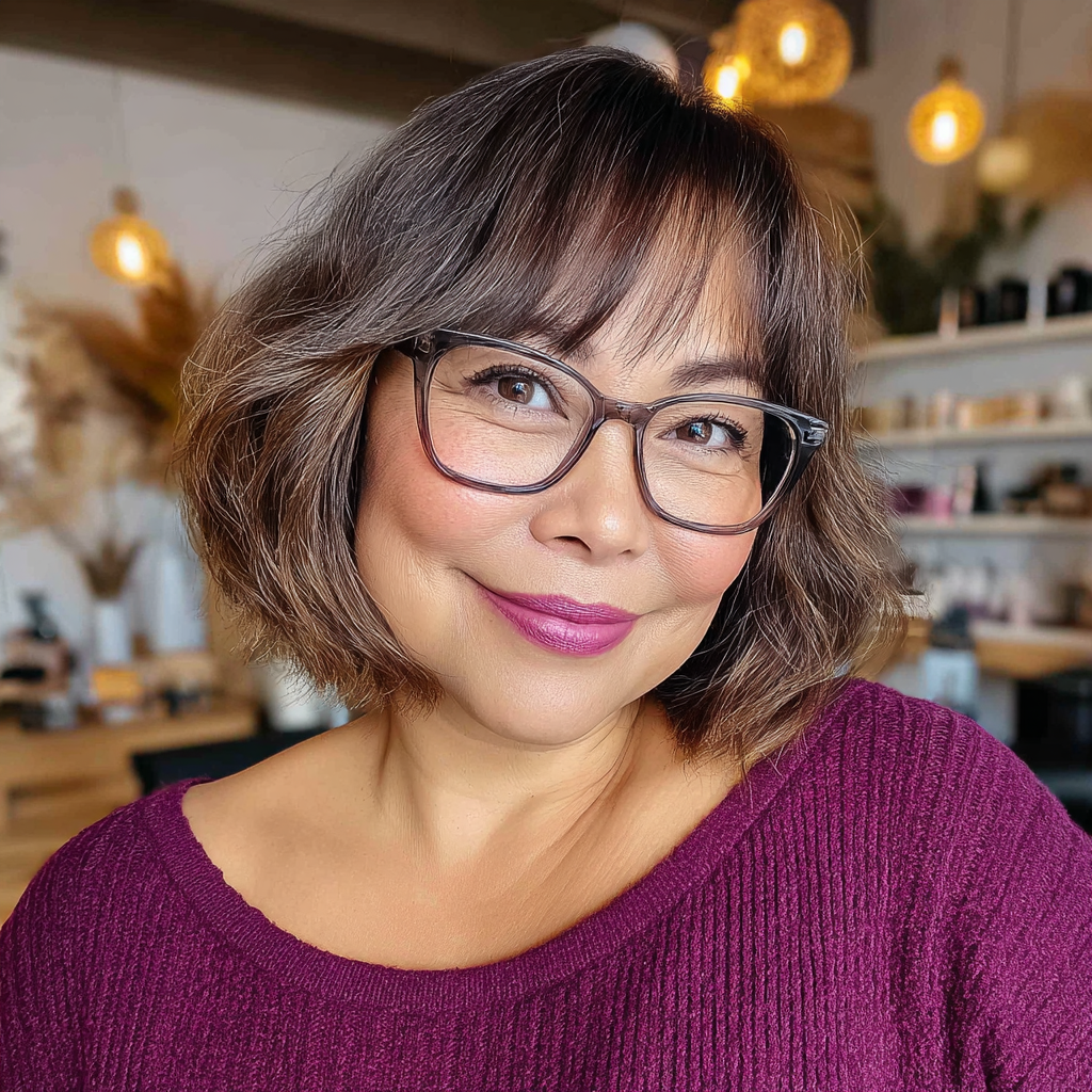 textured wavy bob with birkin bangs