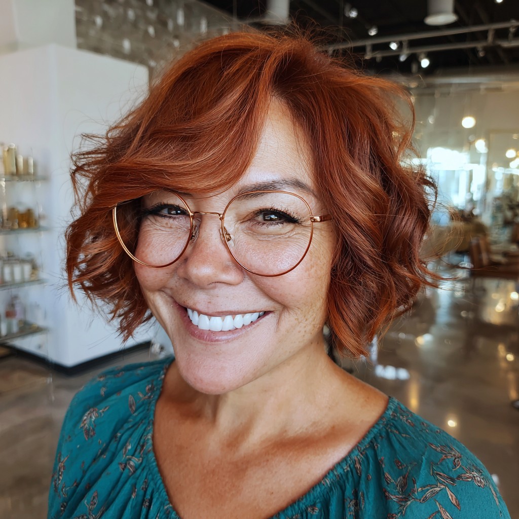 Vibrant Curly Bob with Soft Copper Highlights