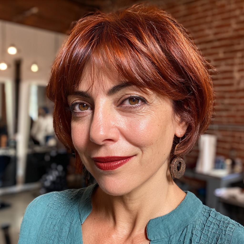 Vibrant Layered Jaw-Length Bob with Wispy Bangs