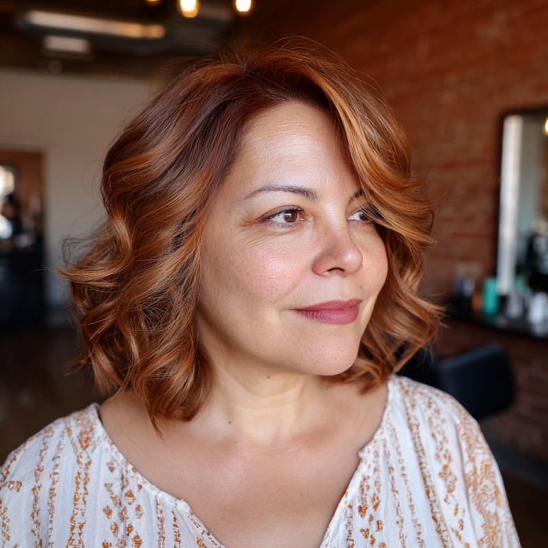 Warm Caramel Curly Lob with Face-Framing Waves