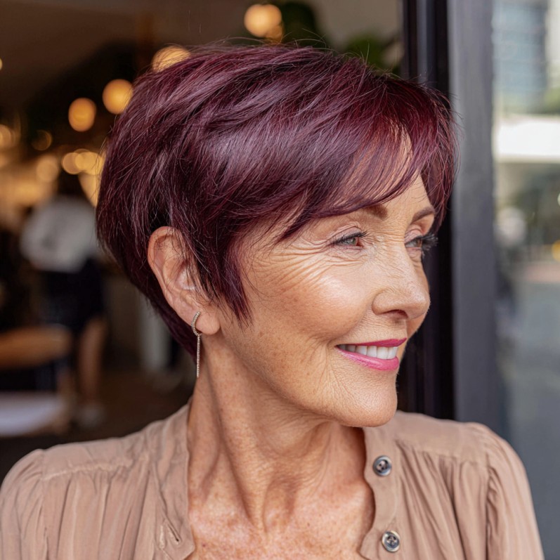 Bold Burgundy Pixie with Textured Layers