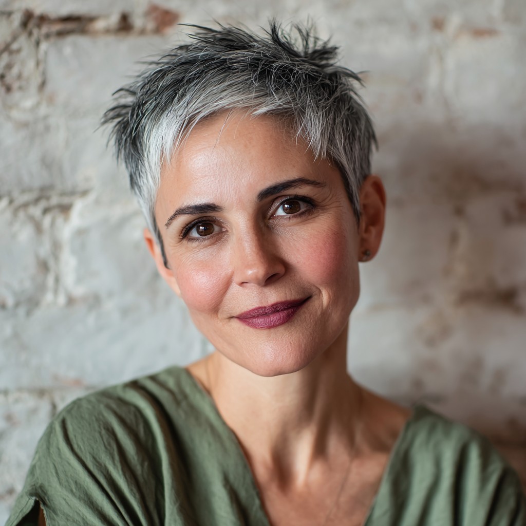 Chic Textured Silver Pixie Cut with Playful Layers