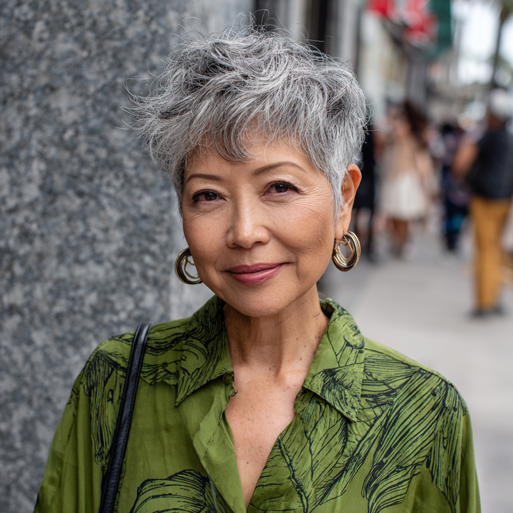 Chic Textured Silver Pixie with Defined Volume