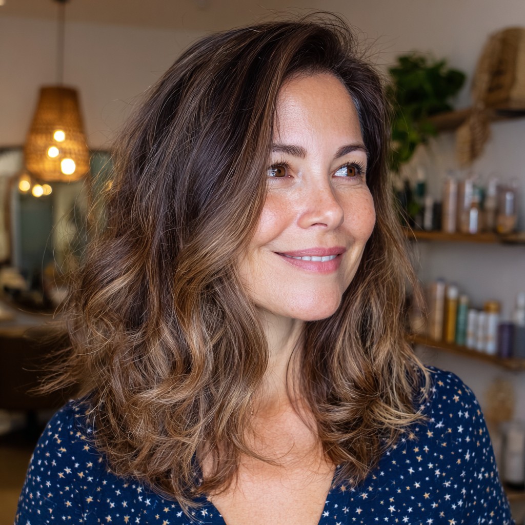 Effortlessly Voluminous Mid-Length Balayage with Soft Waves