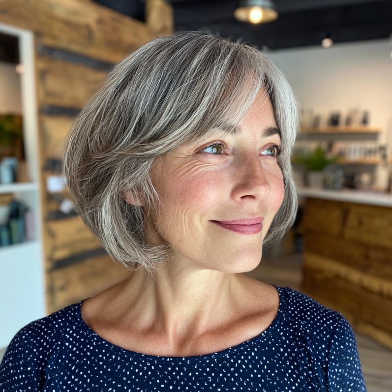 Elegant Grey Rounded Bob with Soft Face-Framing Layers