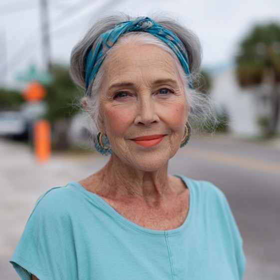 Elegant Silver Hair with a Stylish Headscarf