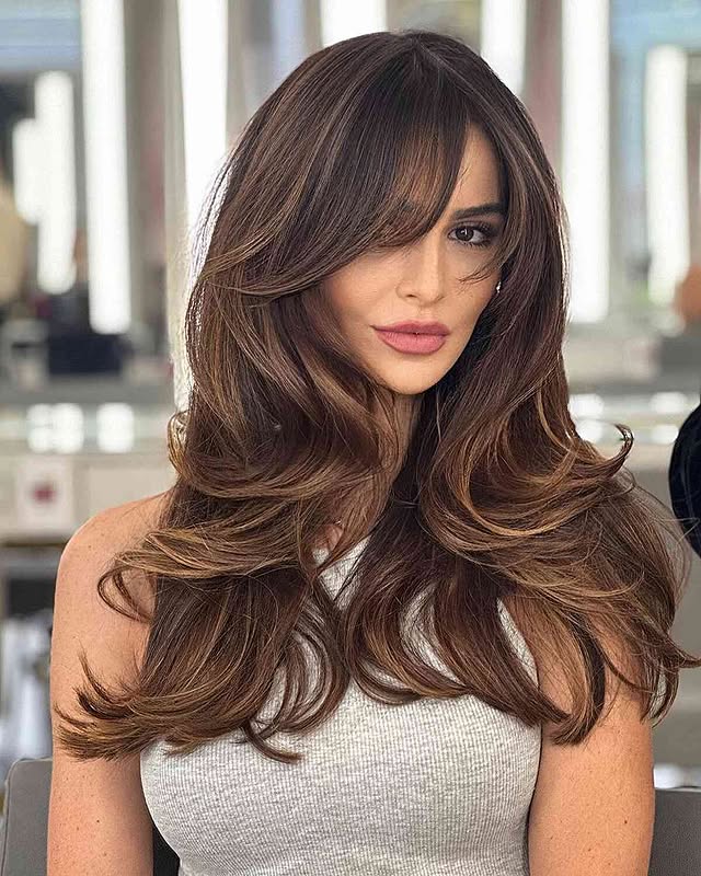 Glamorous Long Layered Hair with Flirty Side Bangs