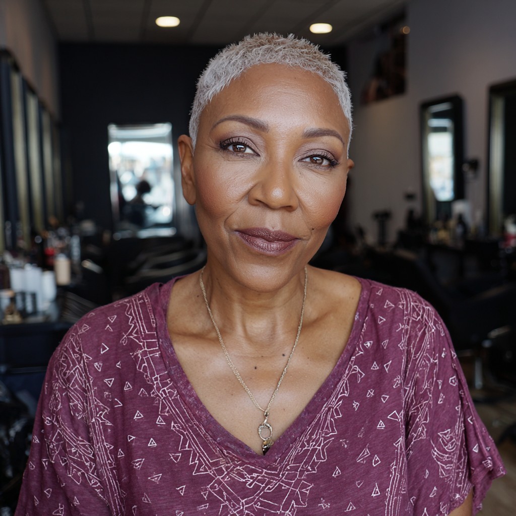 modern textured pixie cut with silvery highlights