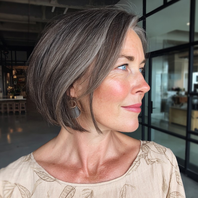 Sleek Grey Inverted Bob with Subtle Side-Swept Bangs