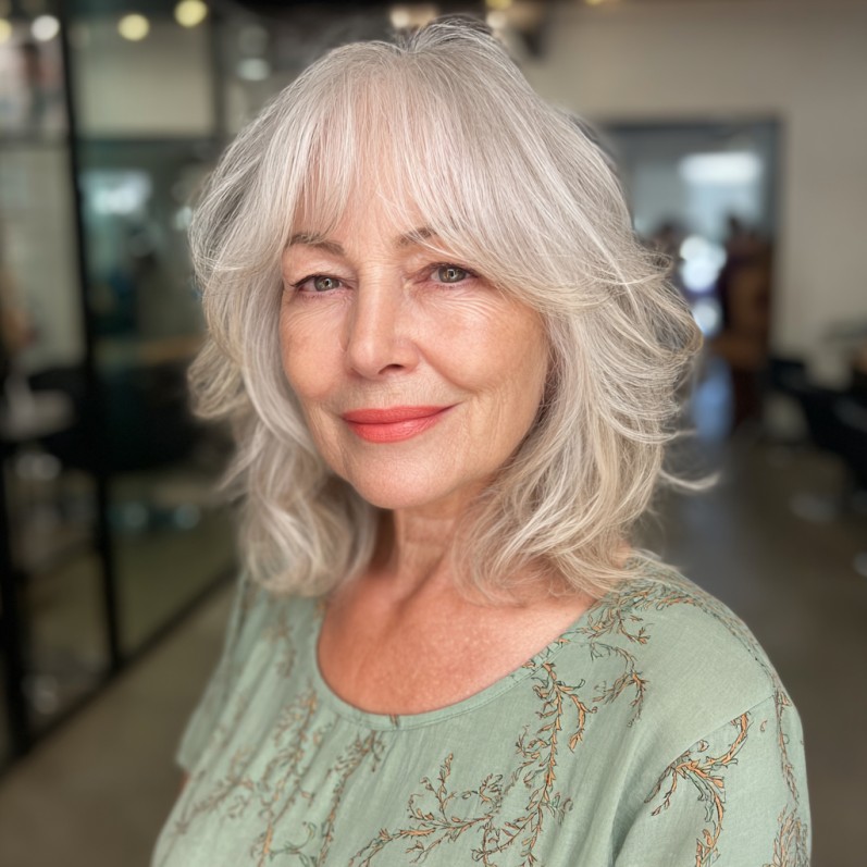 soft textured layered haircut with face framing bangs