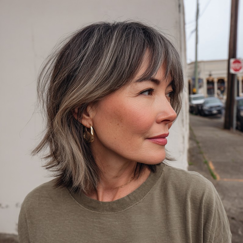 Softly Layered Grey Shag with Face-Framing Bangs