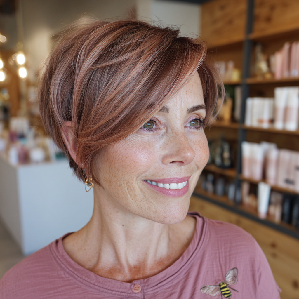 Softly Textured Asymmetrical Bob with Subtle Rose Tones