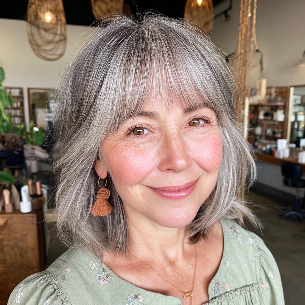 Softly Textured Gray Lob with Face-Framing Bangs
