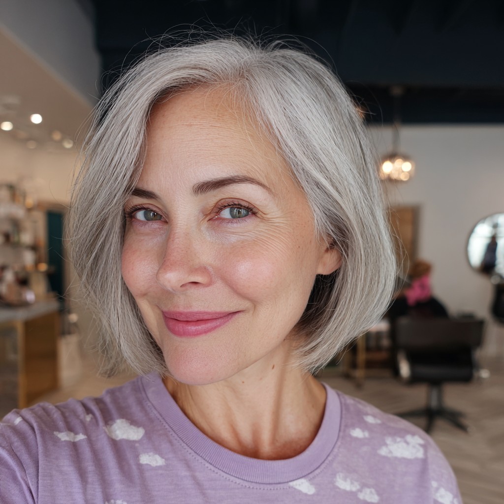 Softly Textured Silver Bob with Face-Framing Layers