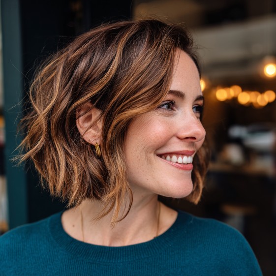 Stylish Textured Choppy Bob with Warm Caramel Highlights