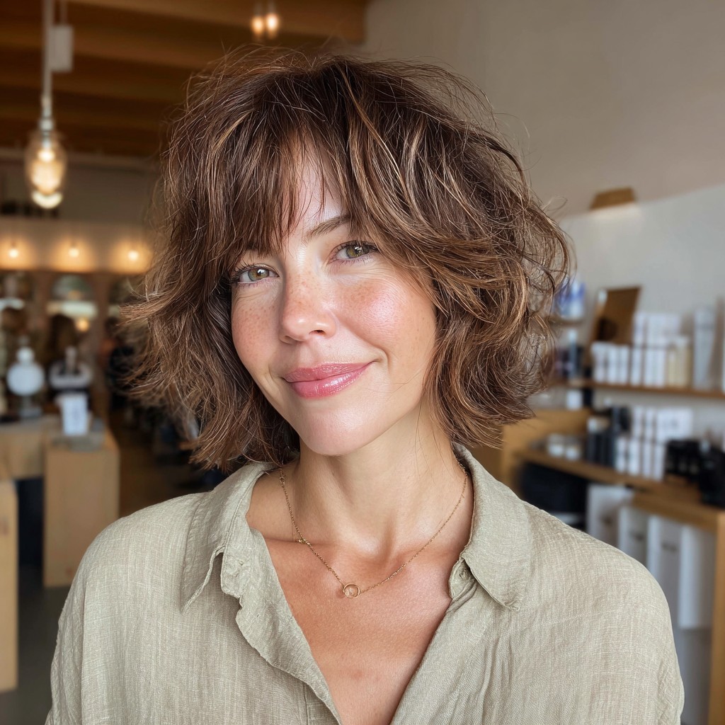 Stylish Textured Shaggy Bob with Soft Bangs