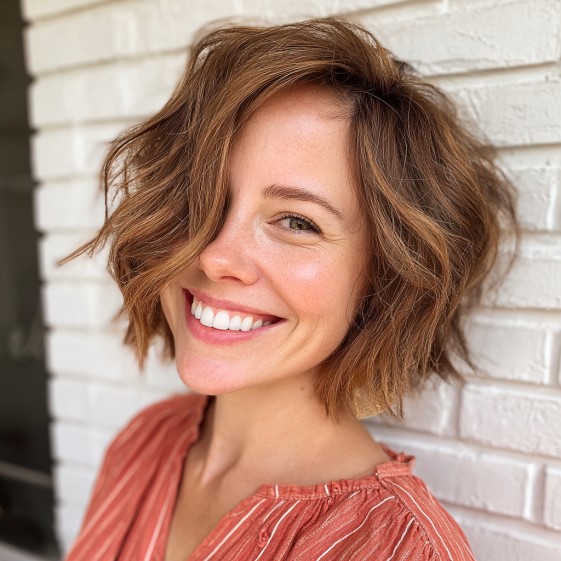 Textured Choppy Bob with Warm Caramel Highlights