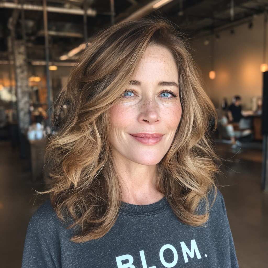 Textured Mid-Length Waves with Soft Balayage Highlights
