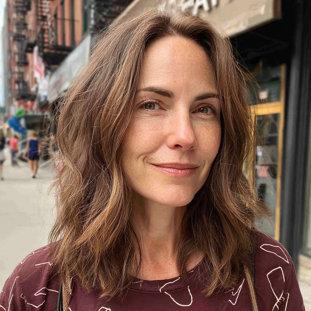 Textured Shoulder-Length Layers with Warm Highlights