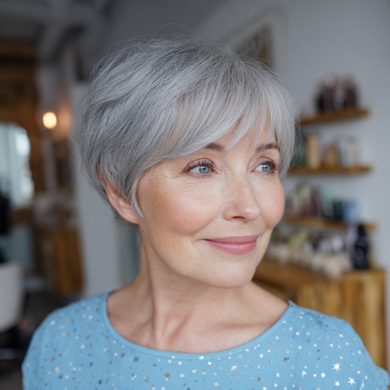 textured silver pixie with softly framed bangs