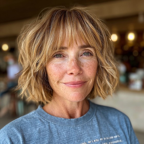 textured wispy bob with soft bangs