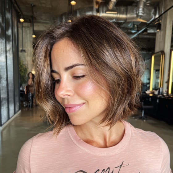 Trendy Layered Wispy Bob with Natural Highlights