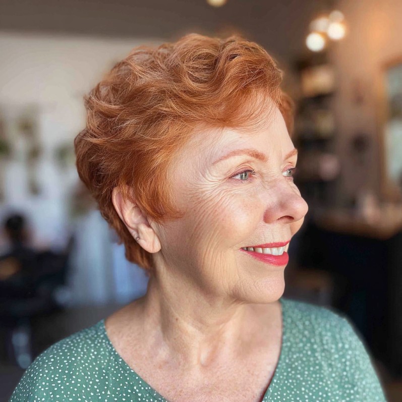 Vibrant Curled Red Pixie with Soft Texture