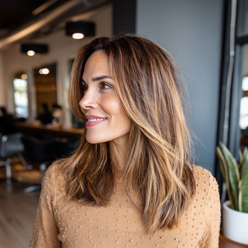Warm Caramel Long Layers with Subtle Balayage
