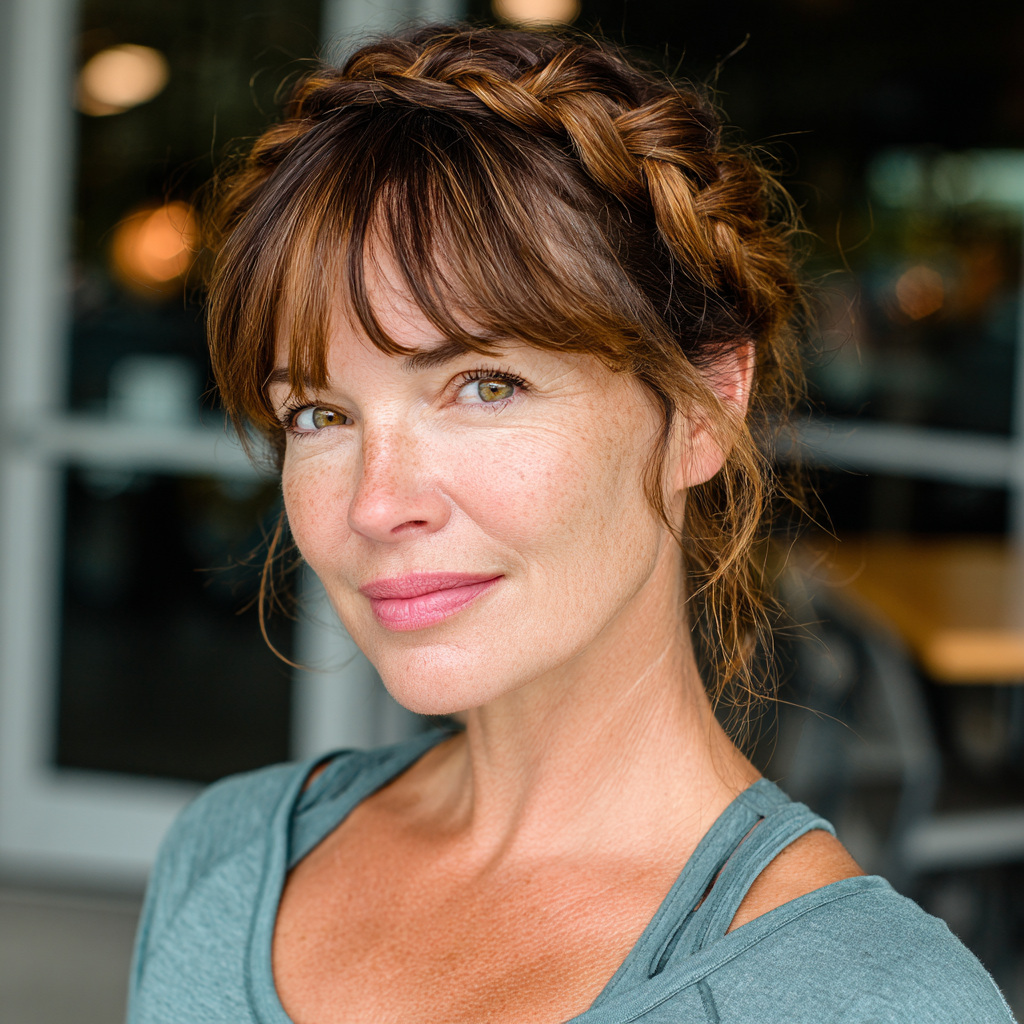 Chic Braided Crown with Soft Wispy Bangs