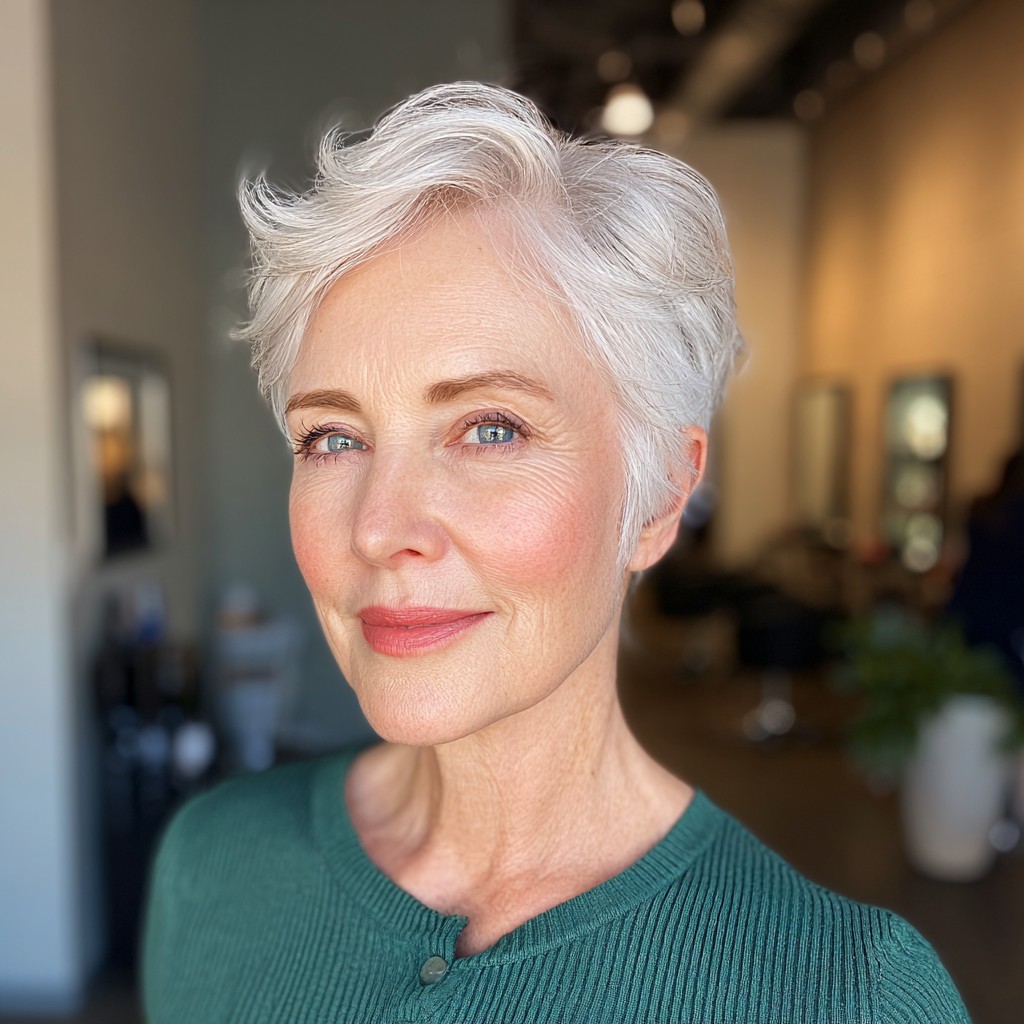 Chic Short Silver Textured Pixie with Flattering Volume