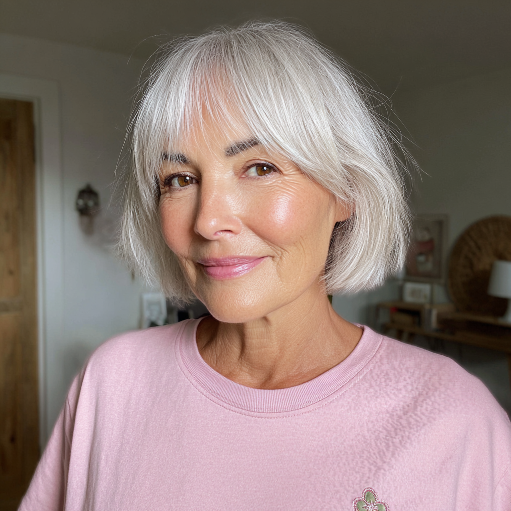 Chic Silver Bob with Soft Feathered Bangs