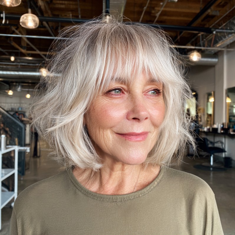 Chic Silver Choppy Bob with Wispy Bangs