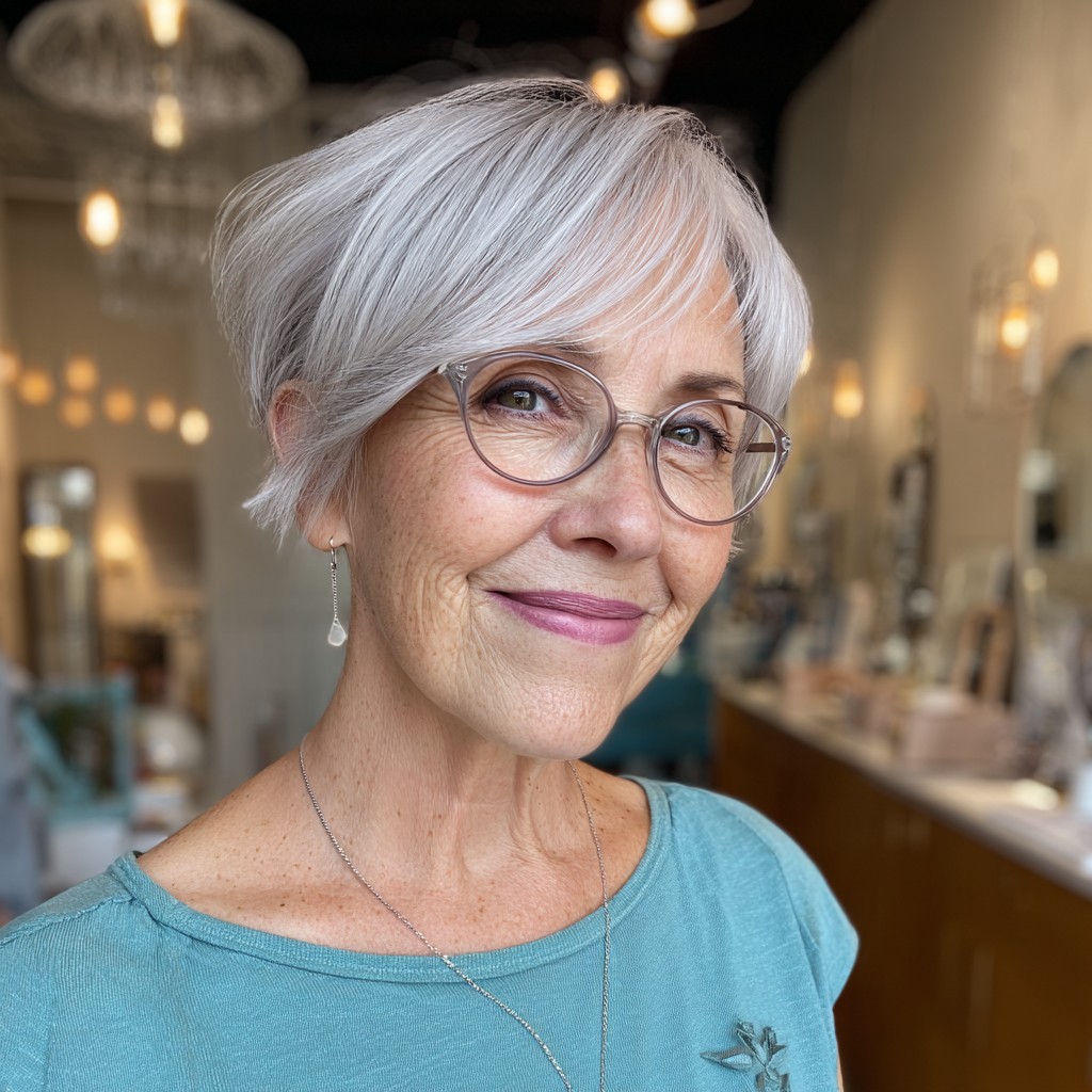 Chic Silvery Pixie Cut with Long Side Bangs