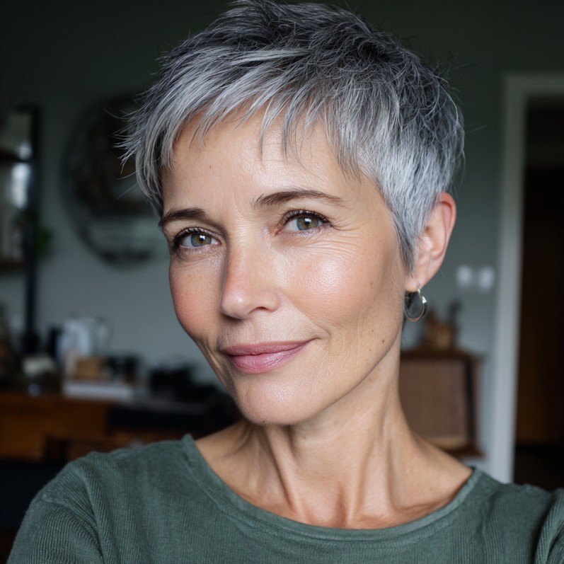 Chic Soft Silver Pixie with Feathered Texture