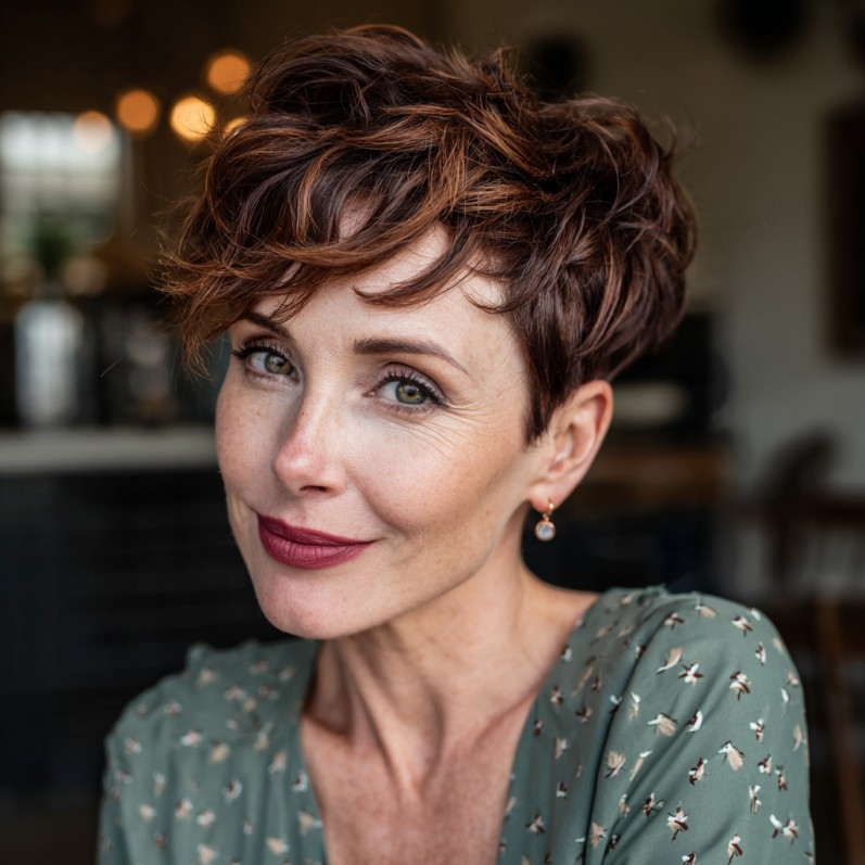 Chic Textured Copper Pixie with Soft Waves