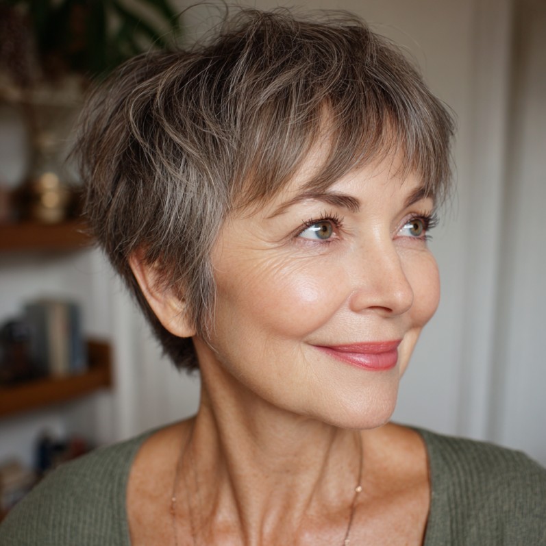 Chic Textured Gray Pixie with Soft Bangs