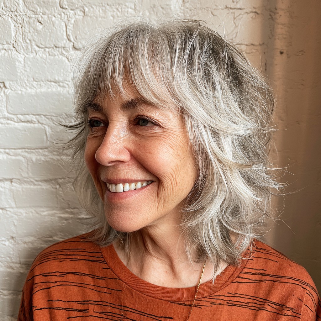 Chic Textured Grey Shag with Soft Bangs
